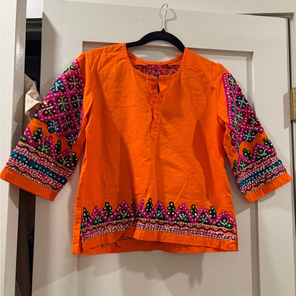 Orange Embroidered Women's Top with Multicolor Sleeve Detail